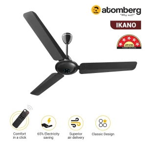 Atomberg Ikano BLDC Ceiling Fan with Remote Control | BEE 5 star Rated Energy Efficient Ceiling Fan | High Air Delivery with LED Indicators | 2+1 Year Warranty - Gloss Black, 1200 mm