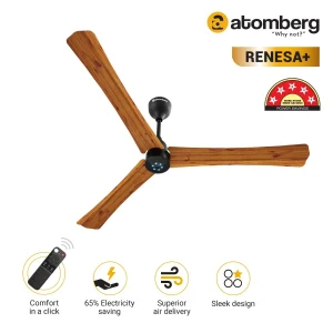 atomberg Renesa+ BLDC Ceiling Fan with Remote Control | BEE 5 star Rated Energy Efficient Ceiling Fan | High Air Delivery with LED Indicators | 2+1 Year Warranty - Golden Oakwood, 1400 mm
