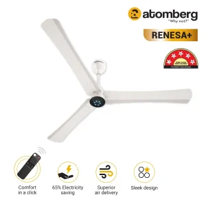 atomberg Renesa+ BLDC Ceiling Fan with Remote Control | BEE 5 star Rated Energy Efficient Ceiling Fan | High Air Delivery with LED Indicators | 2+1 Year Warranty - Pearl White, 1400 mm